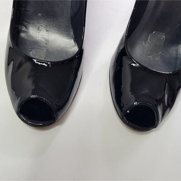 Stuart Weitzman Pumps High Heels 10.5N Black Patent Leather Peep Toe Stiletto